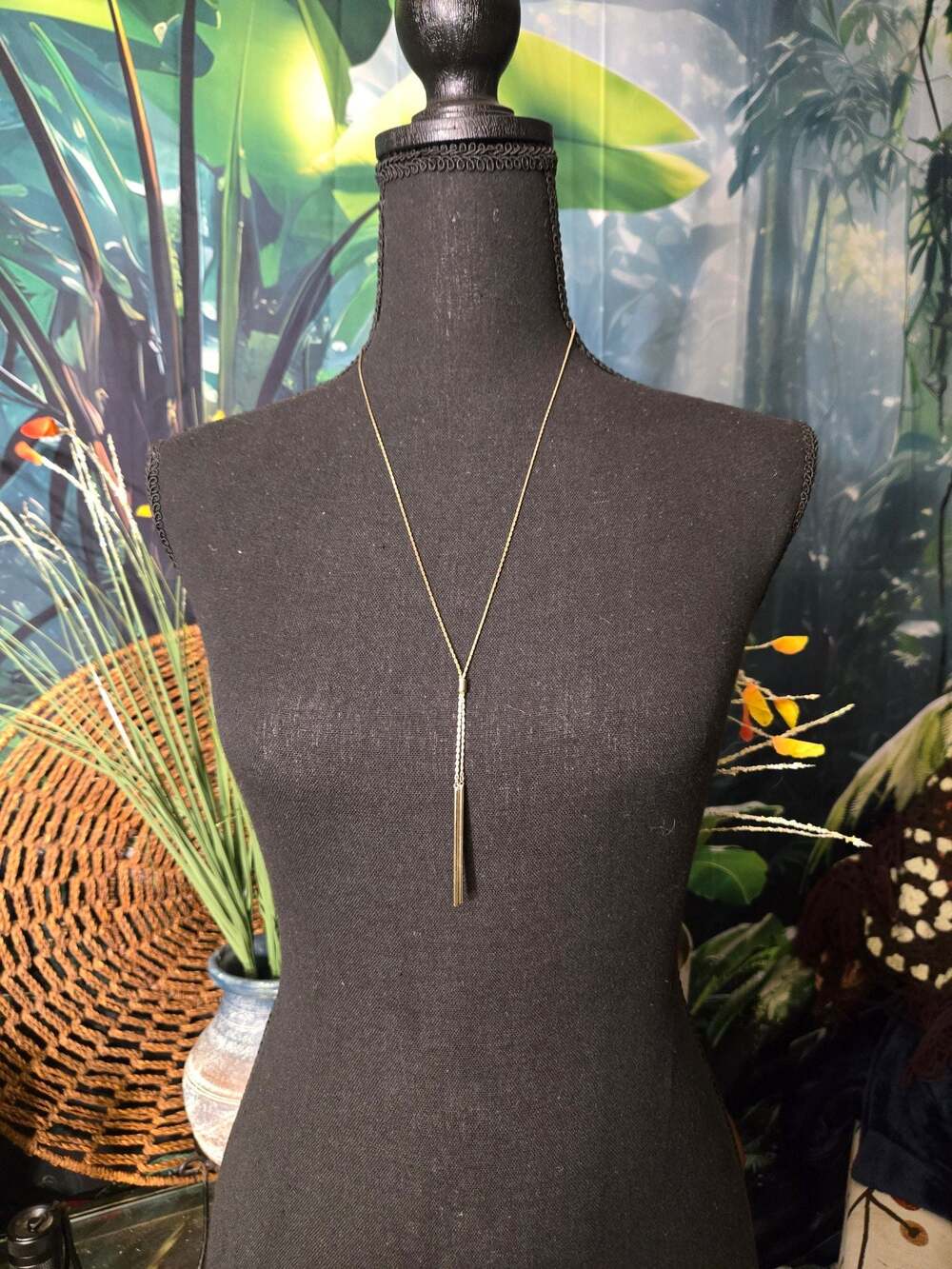 Gold-Tone Lariat Necklace with Bar Tassel Drop